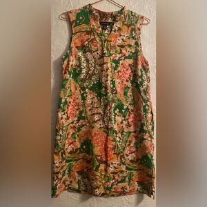 Lands End Womens Linen Shift Dress Floral Split V-Neck Sleeveless Sz 8P Pockets